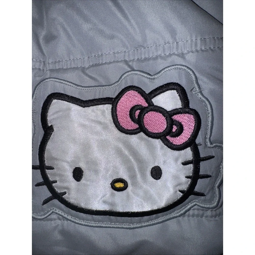 Hello Kitty Sanrio Grey Puffer Jacket‎ Hooded Faux Fur Trim Pink Lining Girls 12